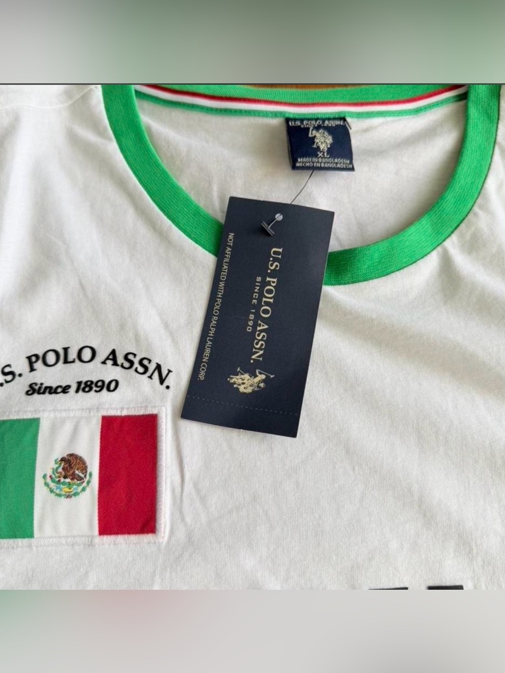 U.S. Polo Assn. White Tee with Green & Red Stripes - MEXICO Graphic - Picture 2 of 2